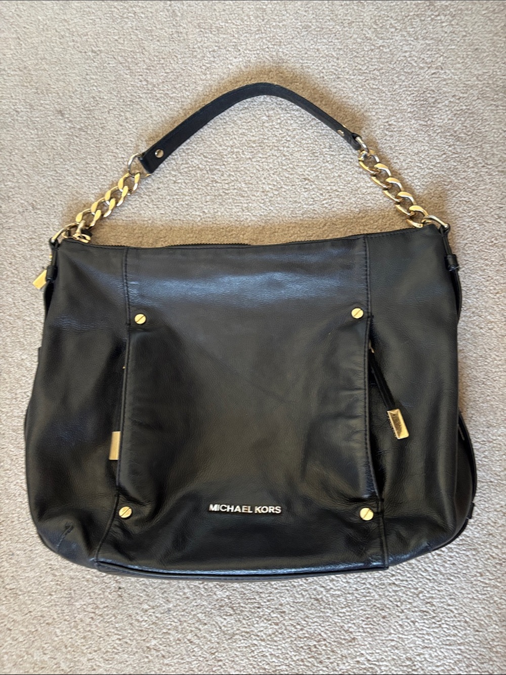 Michael Kors Black Leather Chain Strap Hobo Shoulder Bag Gold Hardware Slouchy